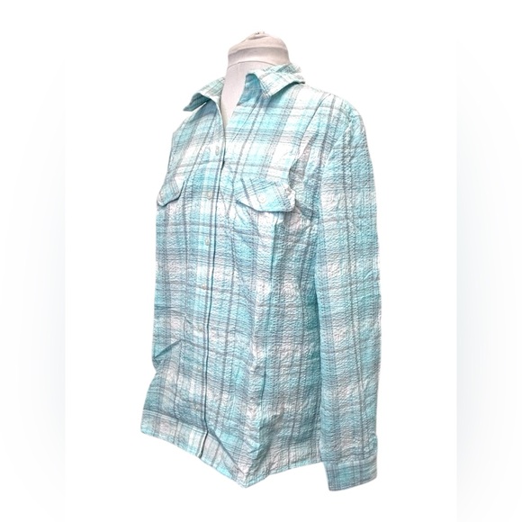 Orvis Women’s Long Sleeve Button Front Plaid Textured Shirt, Aqua, size L - Picture 2 of 10